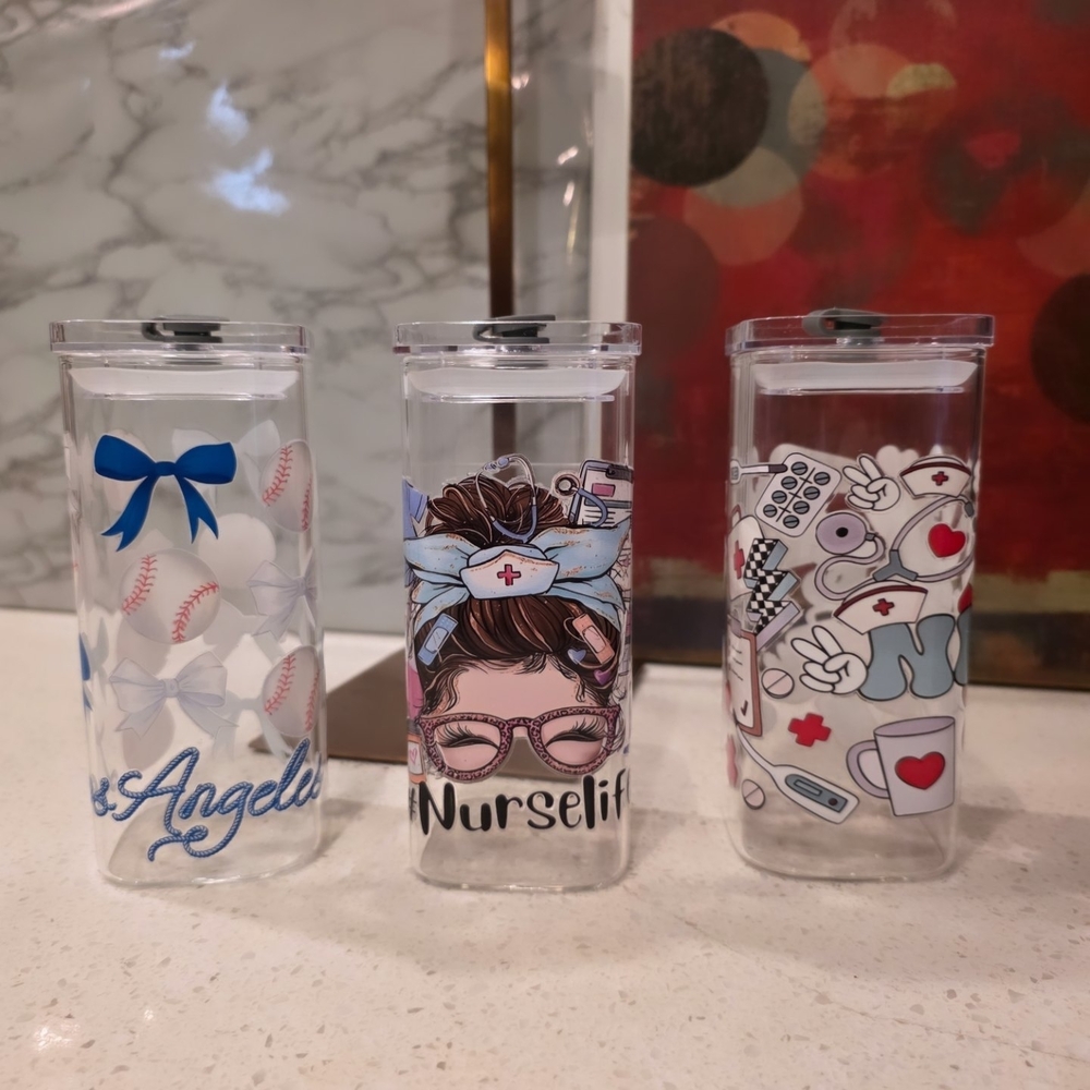 Hand Crafted Clear Glass Cup With Acrylic Lid And Glass Straw. - Choose 1